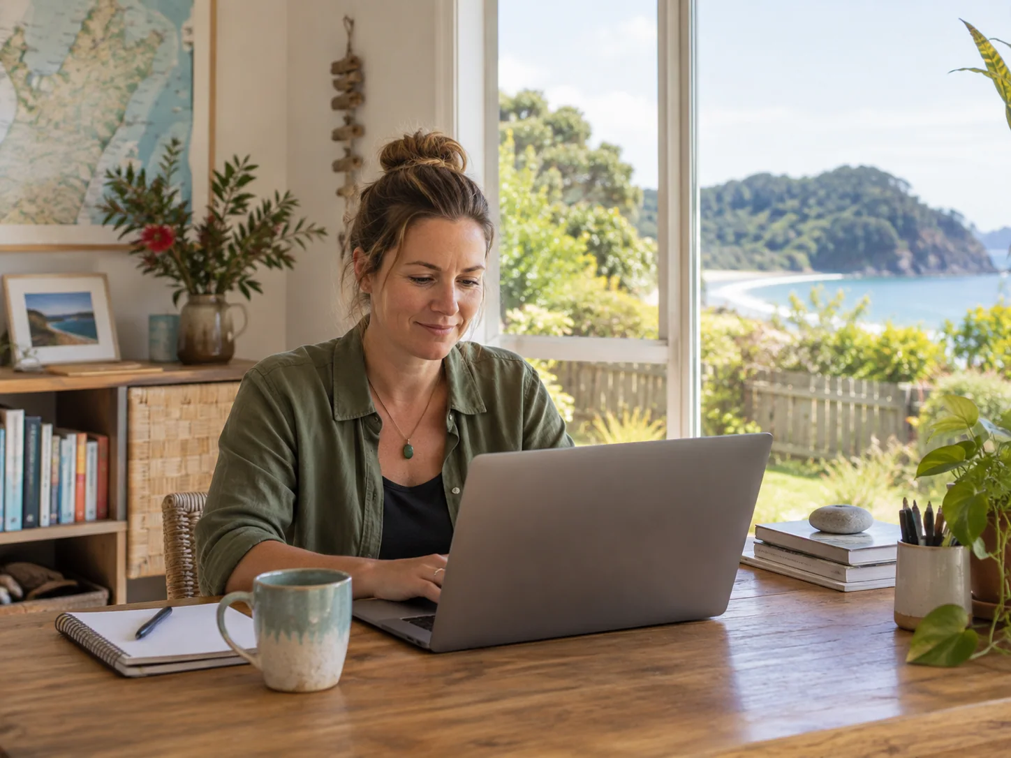 A business owner working at a laptop at home.