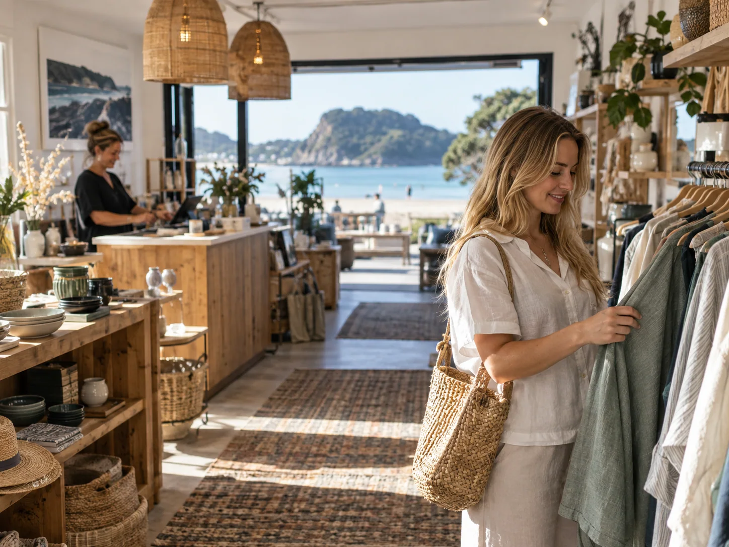 Clothing and homewares in a small coastal shop.