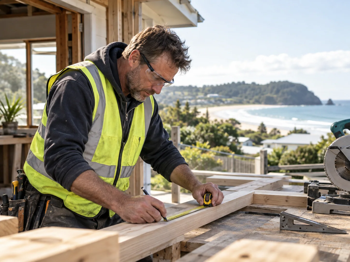 A builder measuring timber at a workbench.