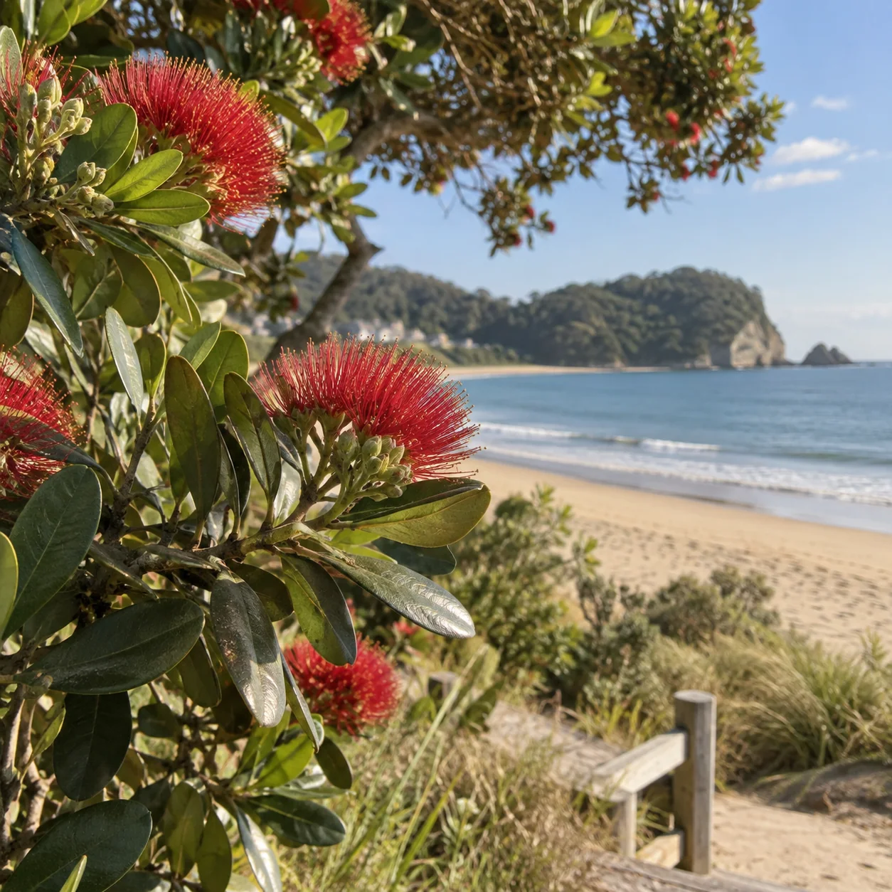 Pōhutukawa flowers and leaves beside the coast.
