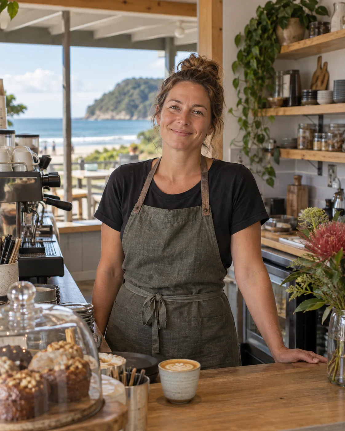 A cafe owner standing behind the counter.