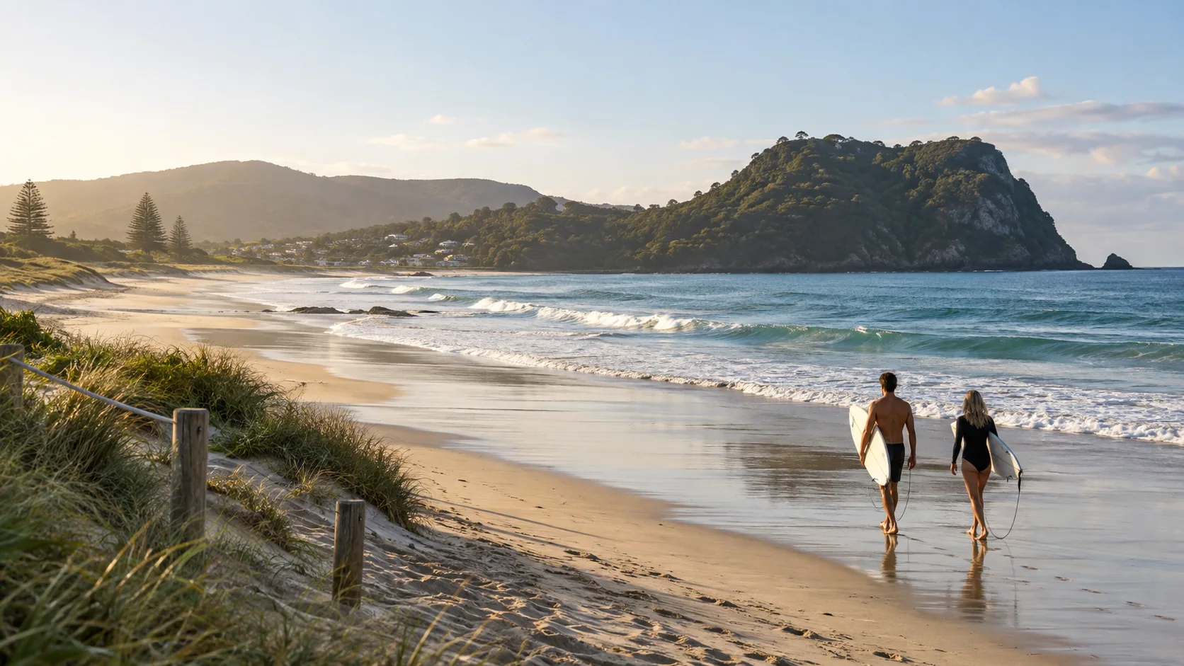 Two surfers walking toward the waves with their boards.