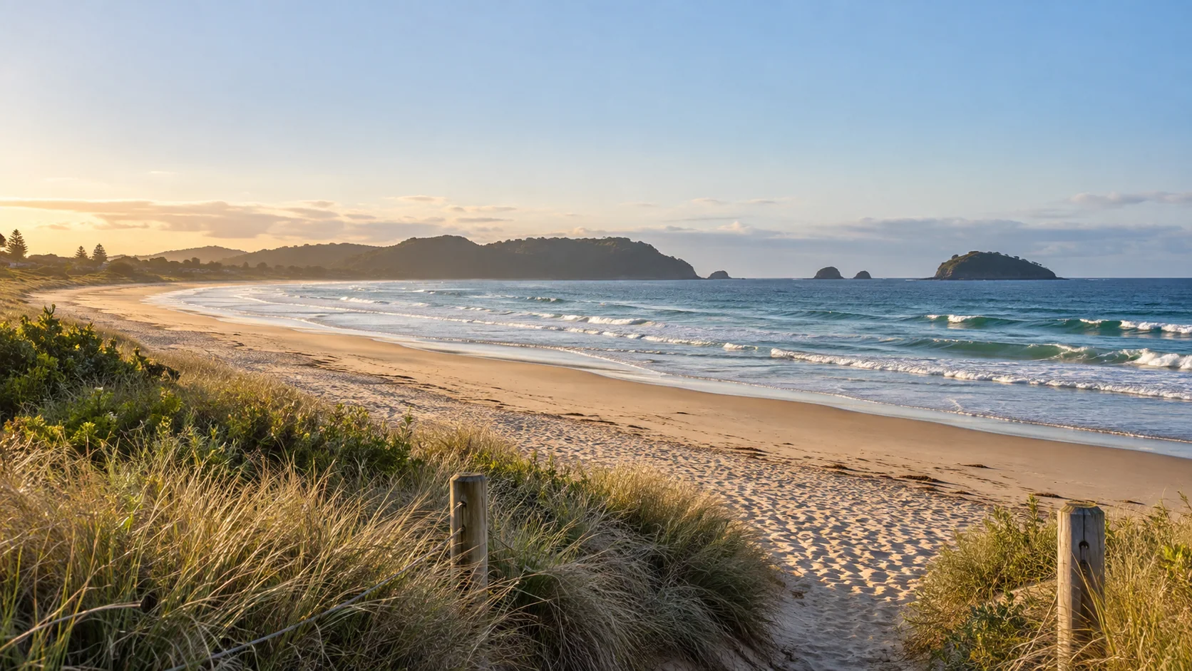Morning light over a sandy beach and gentle surf.