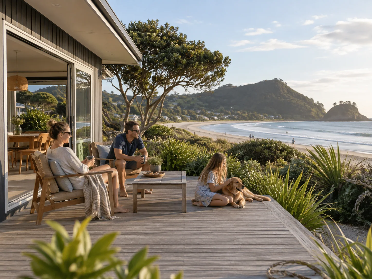 A timber holiday-home deck looking toward the coast.