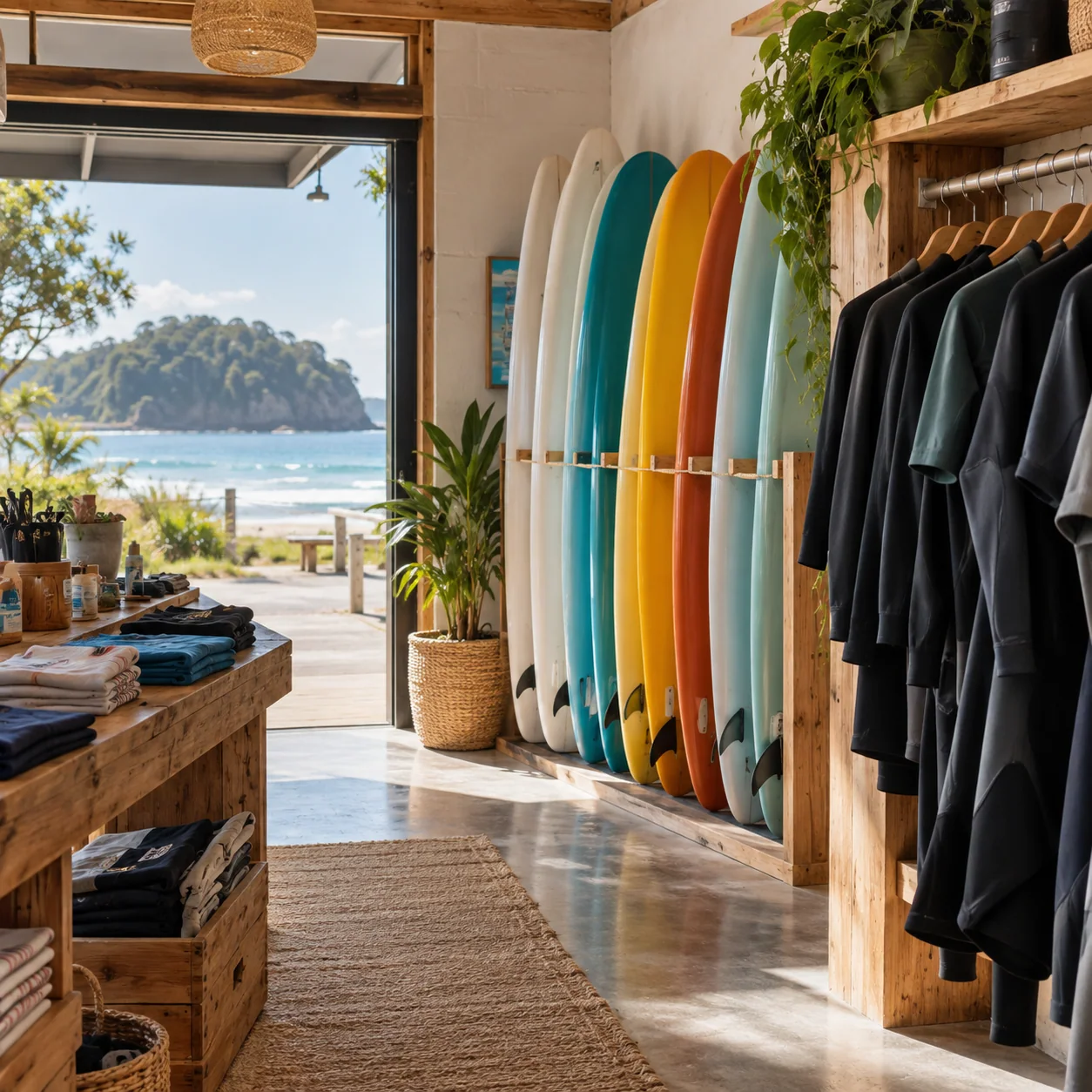 Surfboards and wetsuits displayed in a surf shop.