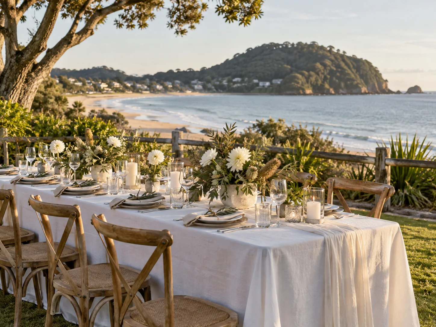 Flowers and table settings at an outdoor wedding display.
