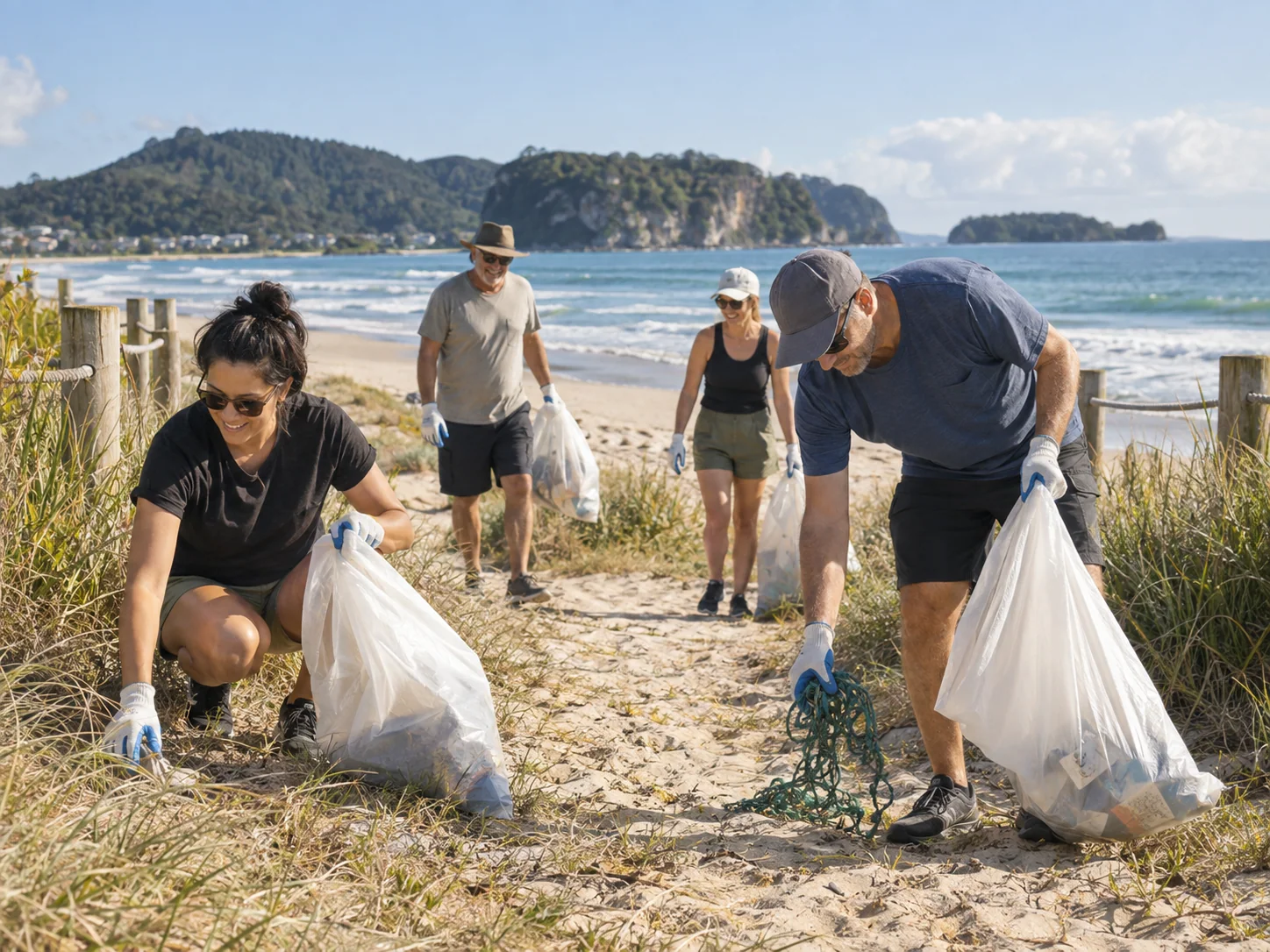Volunteers collecting litter near a beach access path.