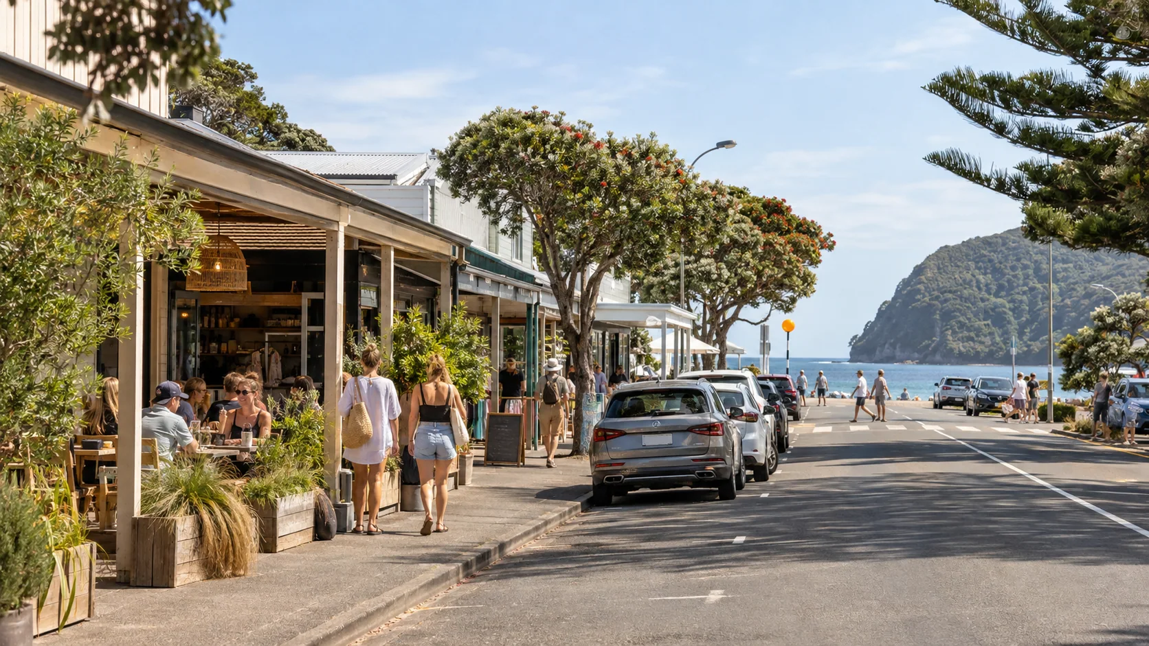 People walking past small shops on a coastal town street.