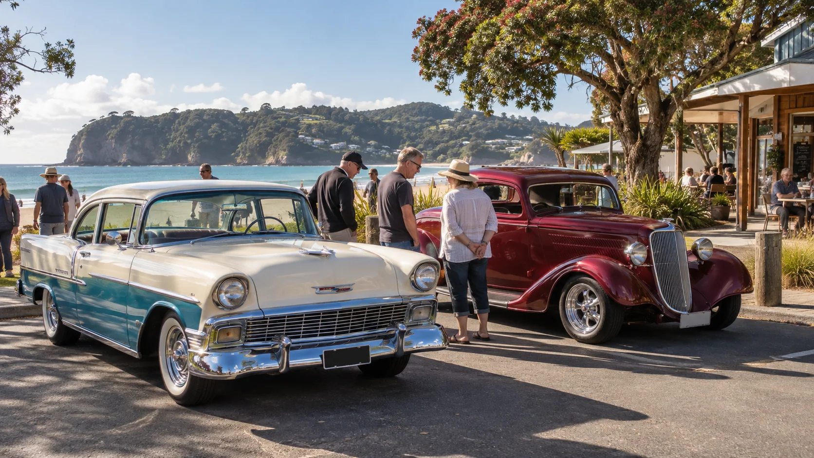 People admiring classic cars at a coastal gathering.